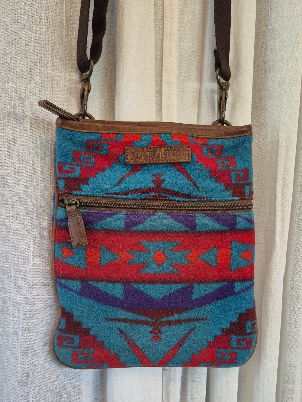 Vintage Pendleton Turquoise, Red & Purple Wool Crossbody Bag Wool Leather